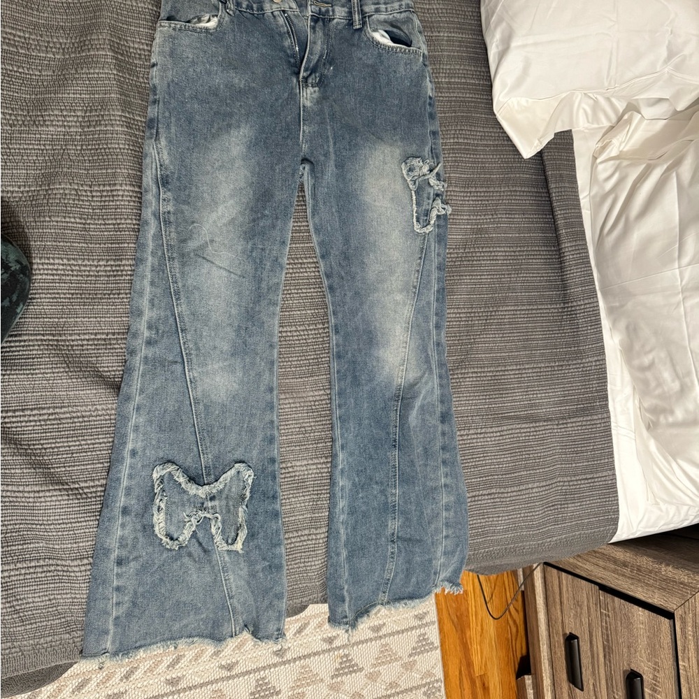 Source Unknown Blue Boot Cut Jeans with Distressed Details